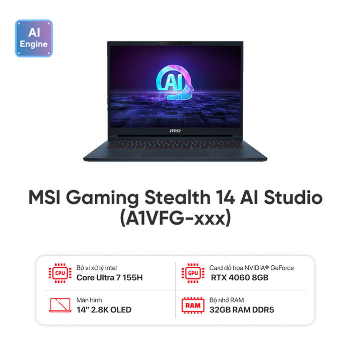 Laptop Gaming MSI Stealth 14 AI Studio A1VFG Core Ultra 7 155H/ 32GB/ 1TB SSD/ RTX 4060 8GB/ 14 Inch 2.8K 120Hz/ Win 11/ Star Blue